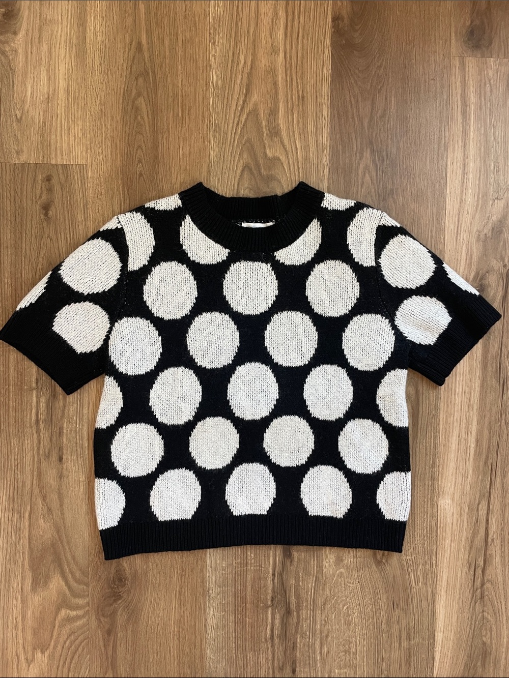 Jason Wu Fuzzy Black & White Polka Dot Short Sleeve Sweater - size M